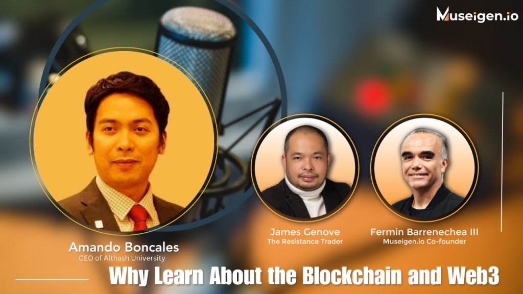 Amando Boncales discussing the transformative power of blockchain and Web 3 education in a podcast setting.