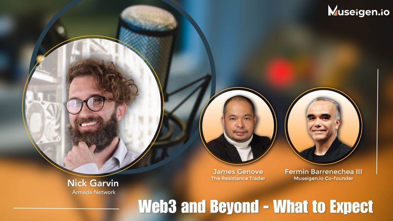 James Genove, Fermin D. Barrenechea III, and Nick Garvin discussing Web 3.0 implications for blockchain technology in a podcast episode.