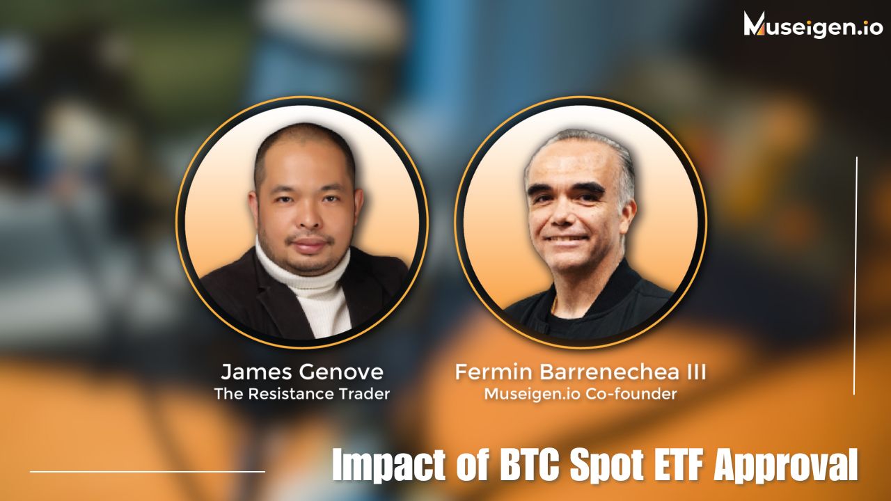 Illustration depicting two individuals discussing Bitcoin ETF approval and its significance for the cryptocurrency market.