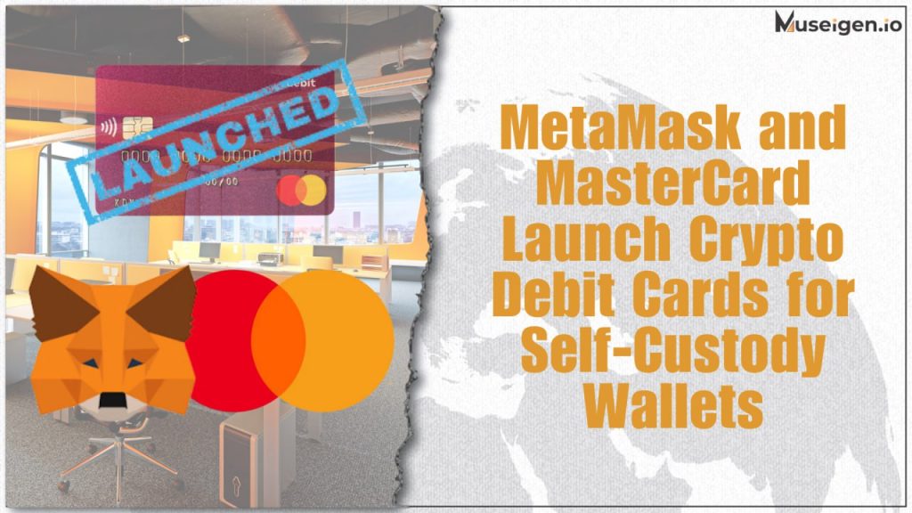 Image of the MetaMask crypto debit card with the MasterCard logo, enabling global crypto payments.