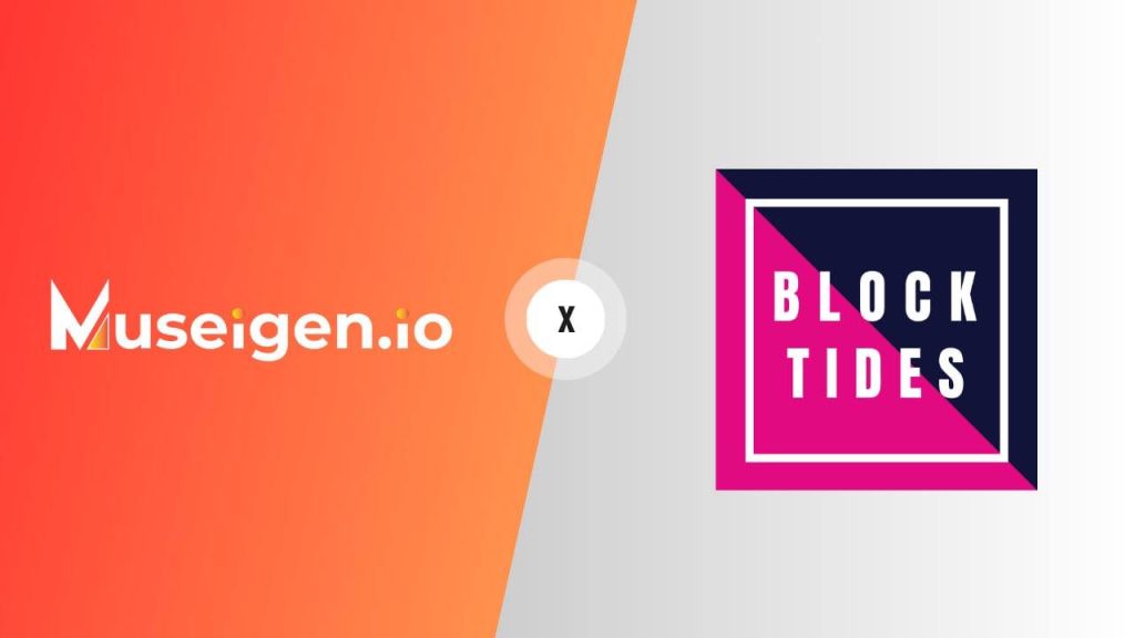 Museigen.io and BlockTides partnership announcement logo.