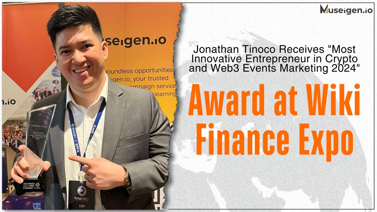 Jonathan Tinoco receiving the "Most Innovative Entrepreneur in Crypto and Web3 Events Marketing 2024 Award" at Wiki Finance Expo 2024.