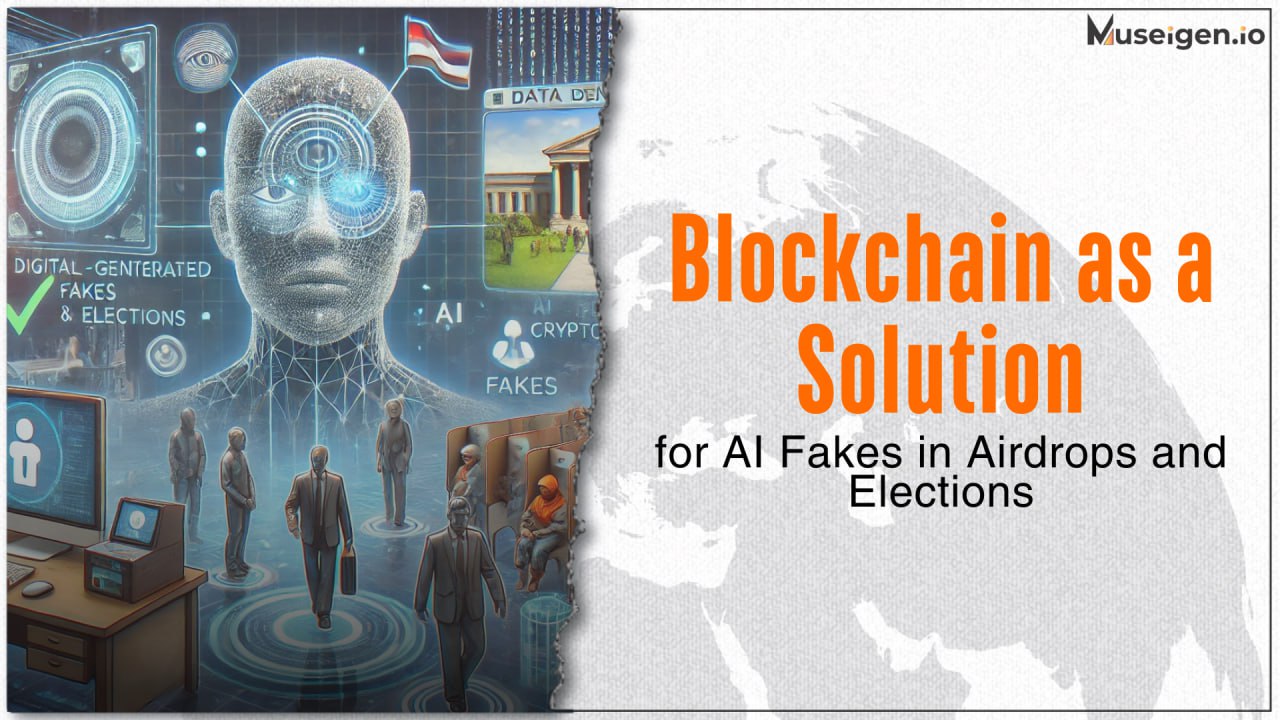 Illustration showing blockchain technology verifying human users to prevent AI fakes in crypto airdrops.