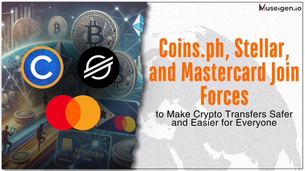 Graphic illustrating the partnership between Coins.ph, Stellar, and Mastercard for secure crypto transactions.