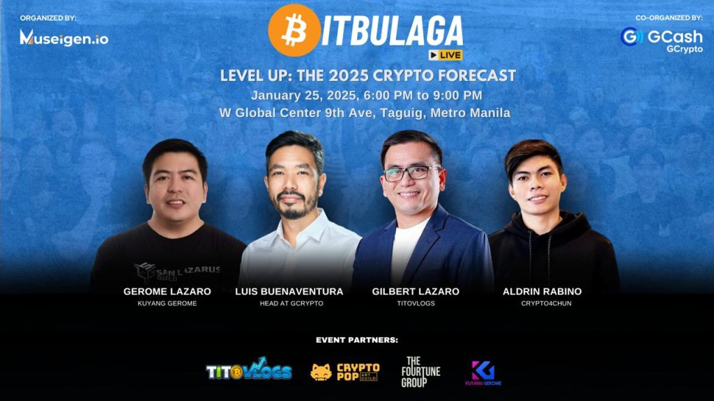 A speaker presenting Bitcoin and altcoin insights during the “Level Up: The 2025 Crypto Forecast.”