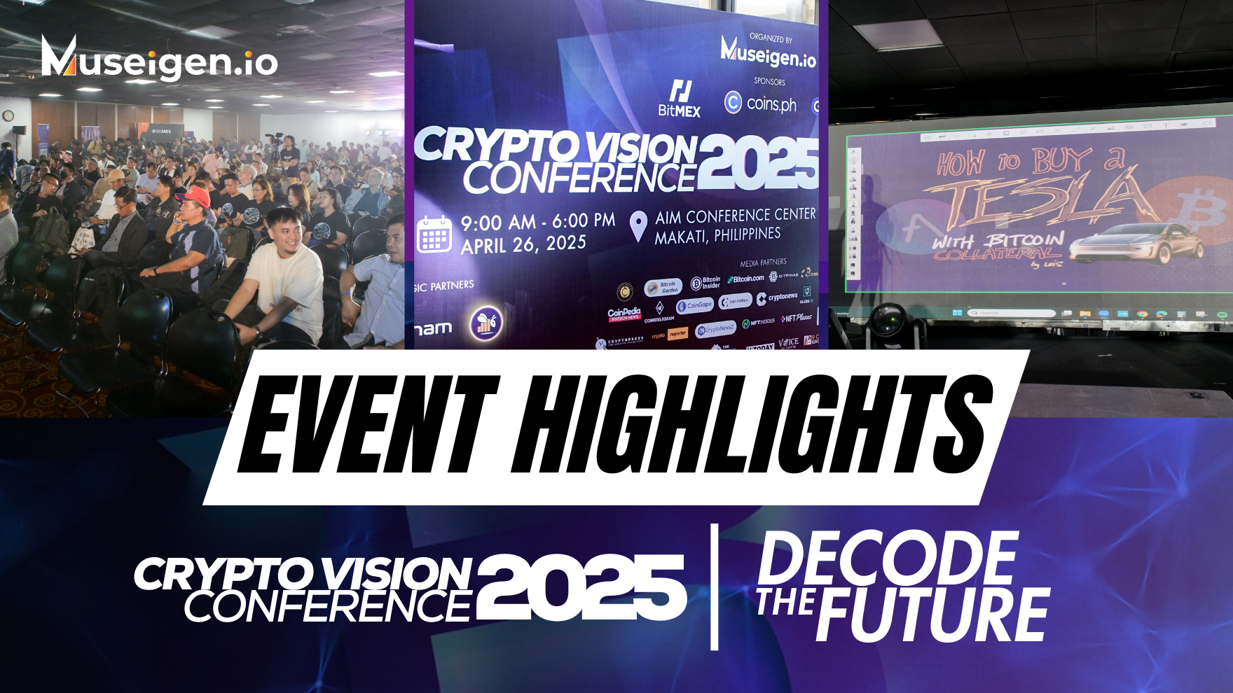 Crypto Vision Conference 2025 held at AIM Conference Center in Makati, featuring Web3 leaders, blockchain talks, sponsor booths, and interactive sessions organized by Museigen.io.