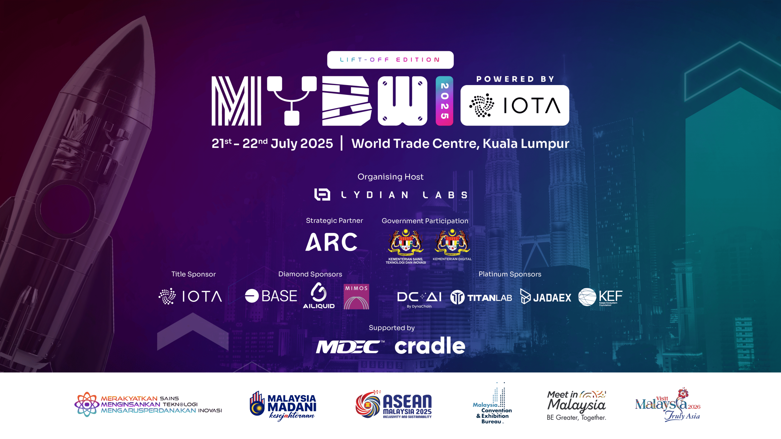 Malaysia Blockchain Week 2025 banner with IOTA logo and World Trade Centre Kuala Lumpur in the background, symbolizing a large-scale Web3 summit in Southeast Asia.